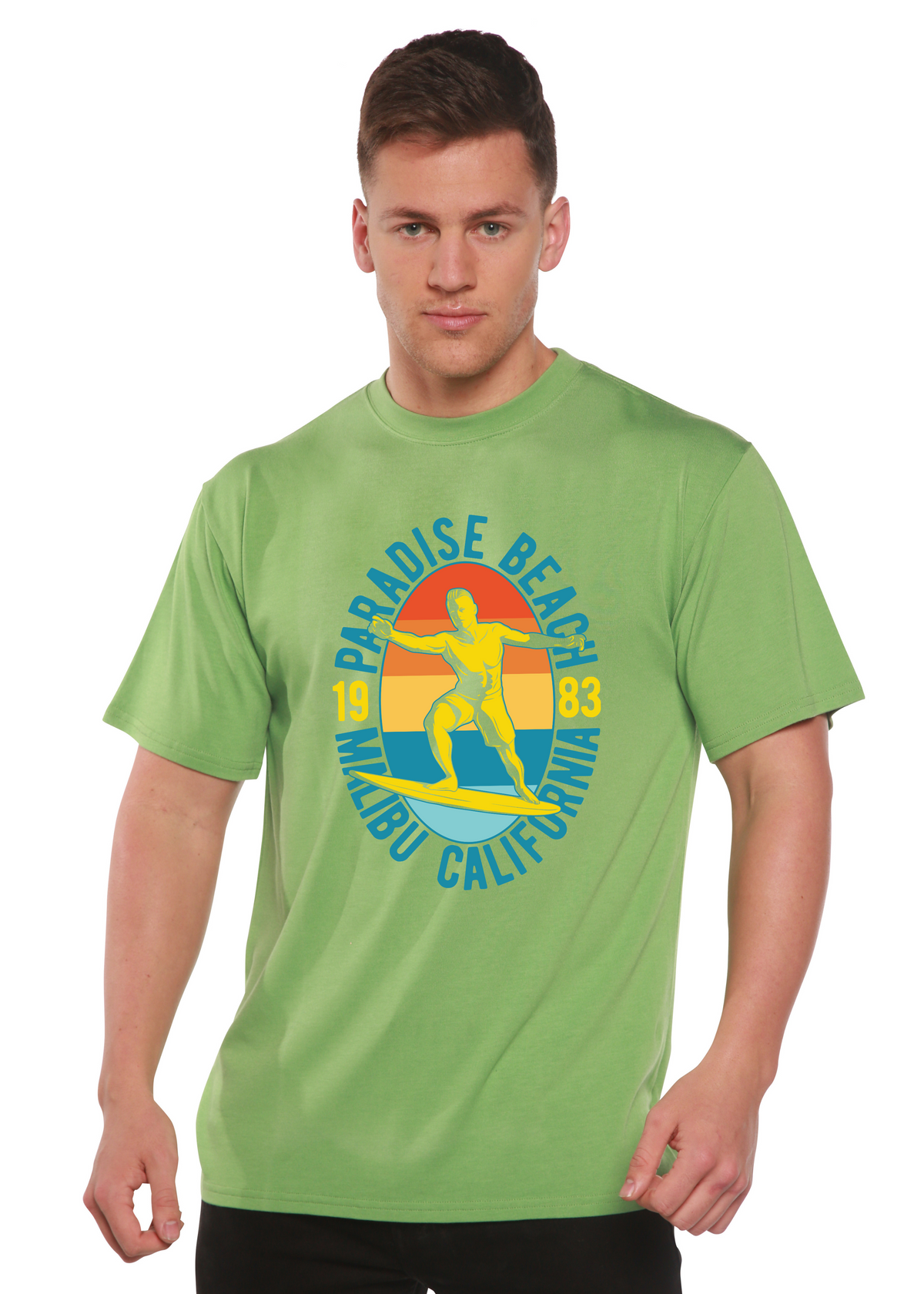 Spun Bamboo men's Paradise Beach 1983 graphic T-shirt with short sleeves, bamboo viscose and organic cotton fabric, printed design.