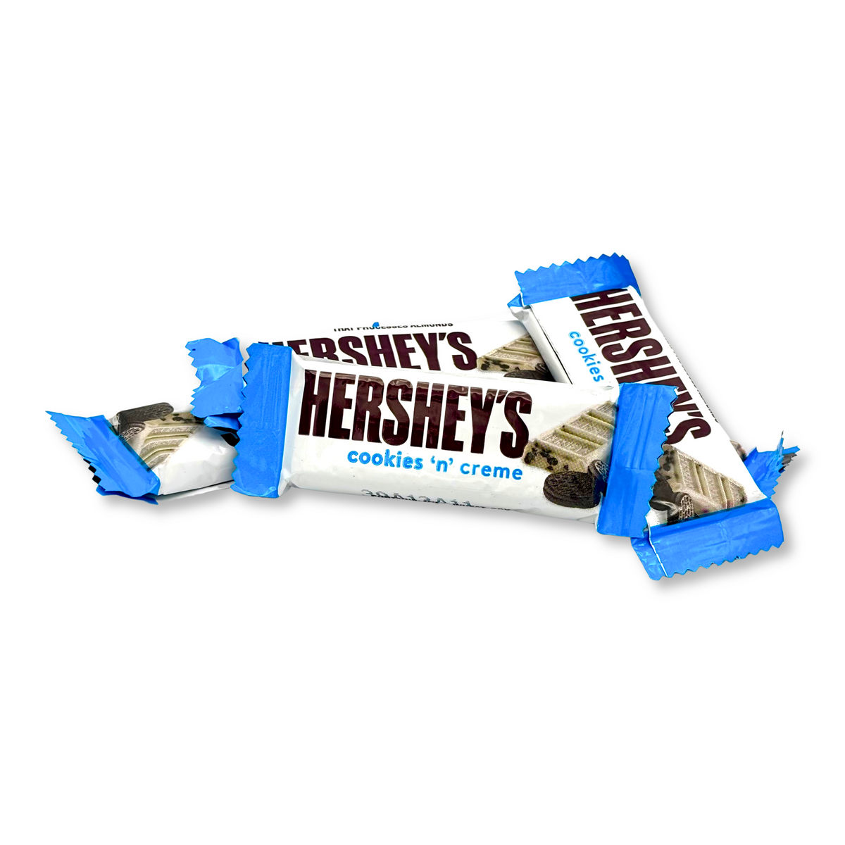 Assorted Hershey's Cookies 'n' Creme chocolate snack size candies in a bulk value bag, with individually wrapped pieces.
