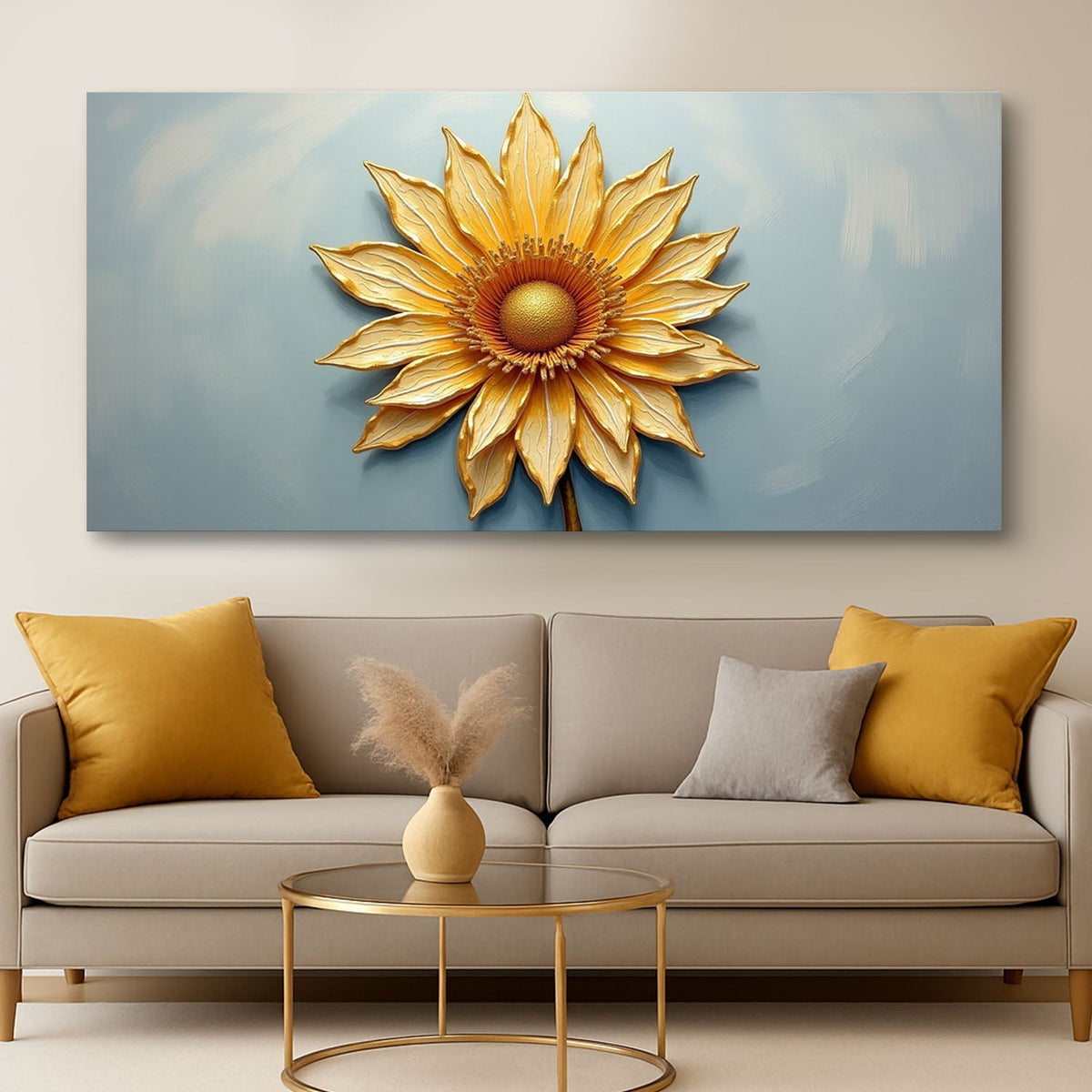 Golden dandelion minimalist abstract wall art on canvas by Tailored Canvases, featuring elegant, modern botanical design.