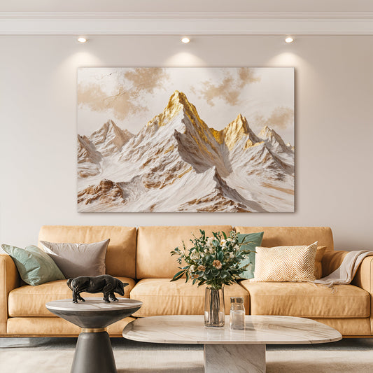 Golden Peaks wall art on canvas by Tailored Canvases, featuring a scenic mountain landscape with golden hues.