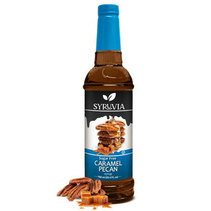 Bottle of Syruvia sugar-free caramel pecan syrup with a label and a dark caramel color liquid inside.