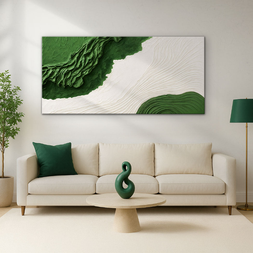 Green Rivers abstract wall art on canvas by Tailored Canvases, featuring flowing green and blue tones in a modern design.