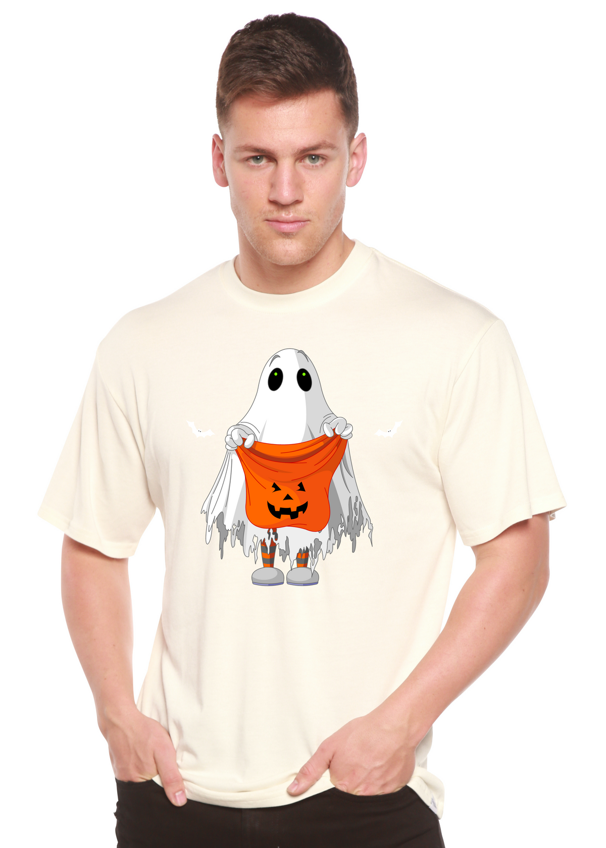Men's Boo Halloween graphic T-shirt by Spun Bamboo, featuring short sleeves and a spooky printed design in bamboo viscose and organic cotton.