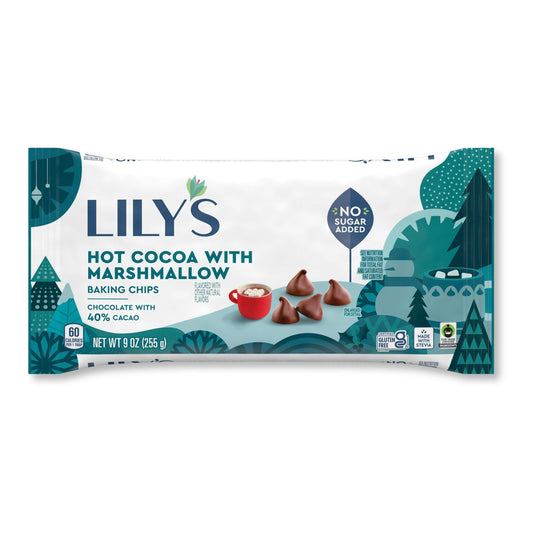 LILY’s Hot Cocoa with Marshmallow Baking Chips by Candy In Bulk, 9 oz, chocolate baking chips with no added sugar and marshmallow flavor.
