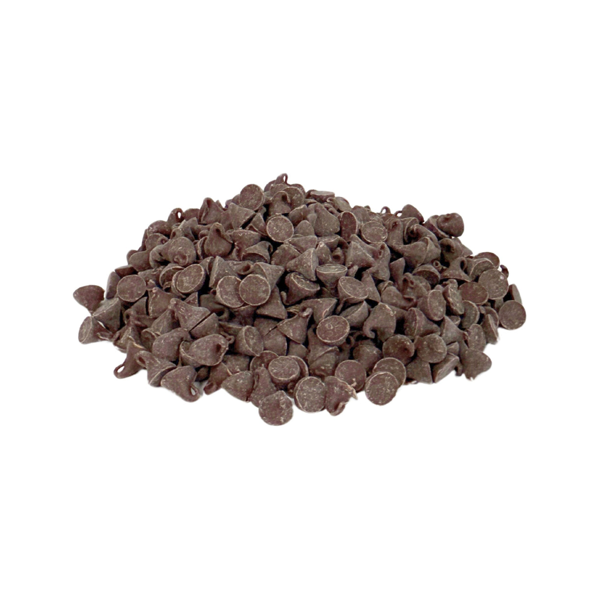 Candy In Bulk Blommer Royal Cocoa Drops, baking chocolate drops in a bulk bag, shown in a clear container with shiny chocolate pieces.