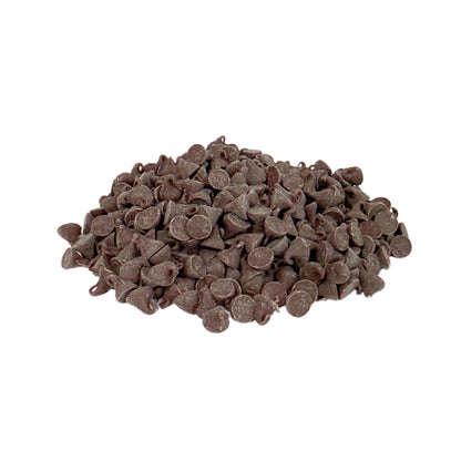 Candy In Bulk Blommer Royal Cocoa Drops, baking chocolate drops in a bulk bag, shown in a clear container with shiny chocolate pieces.