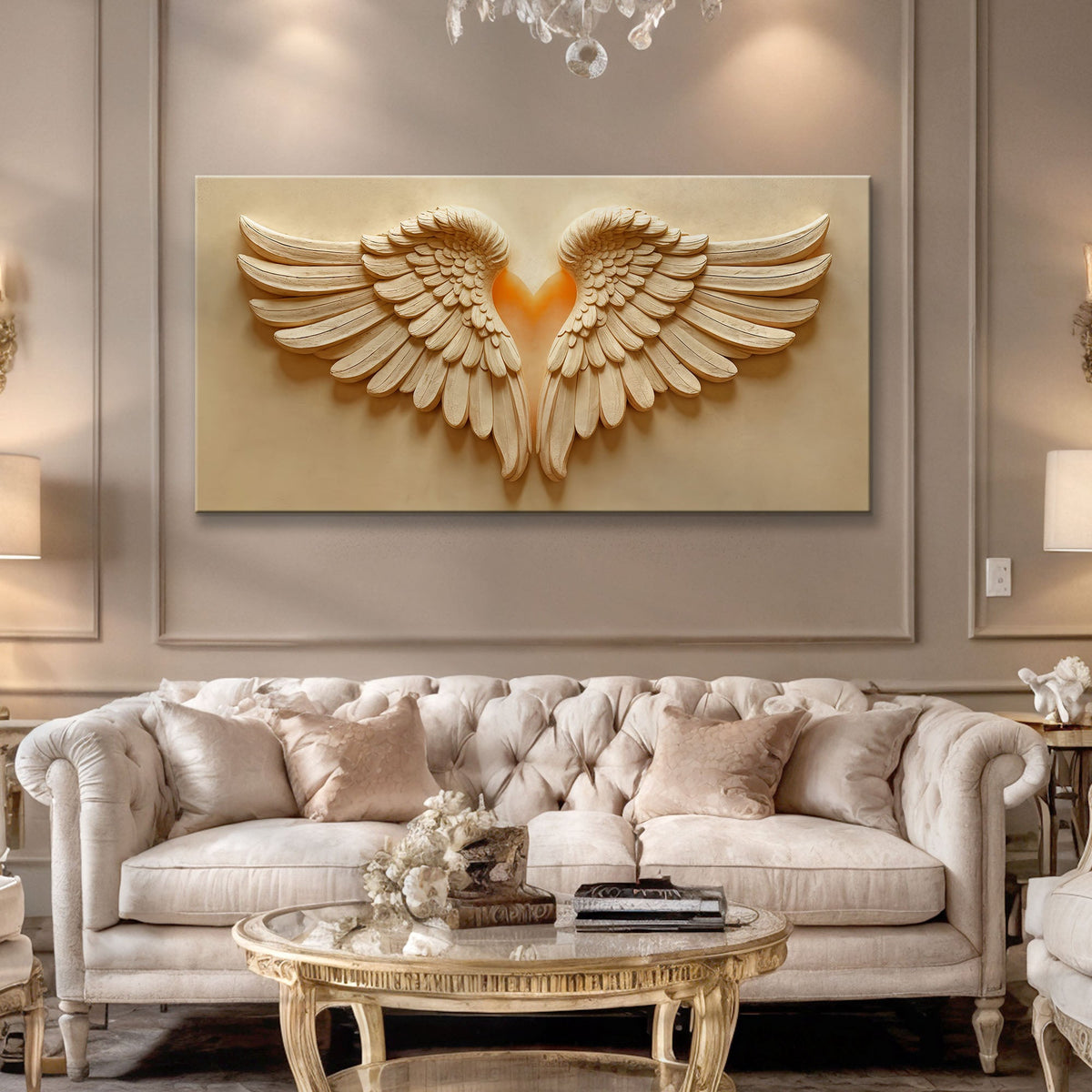 Canvas wall art featuring angel wings design by Tailored Canvases, decorative wall decor for living room or bedroom.