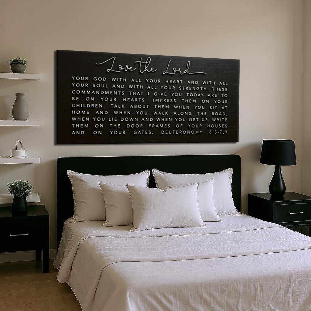 Canvas faith sign with Deuteronomy 6:5-9 quote, featuring inspiring religious message, from Tailored Canvases.