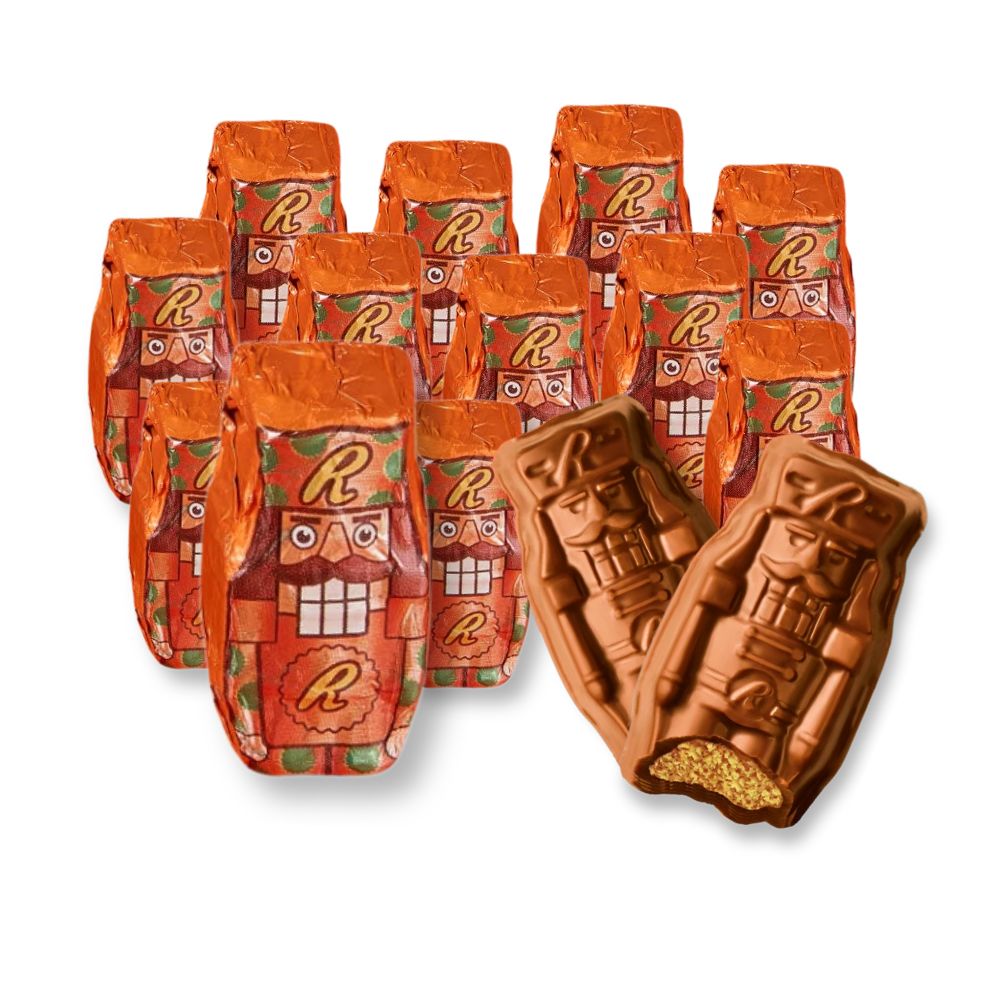 Reese's Milk Chocolate Peanut Butter Nutcrackers in bulk, featuring chocolate-coated peanut butter candies on a white background.