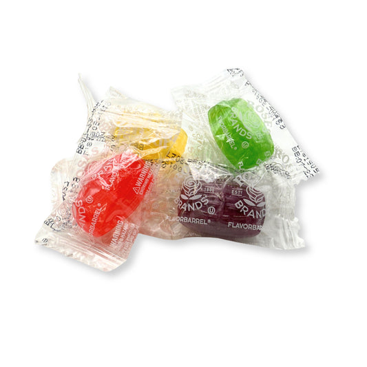 Assorted flavor barrels of Candy In Bulk Roses Brands hard candy in a bulk value bag, colorful candies with shiny wrappers.