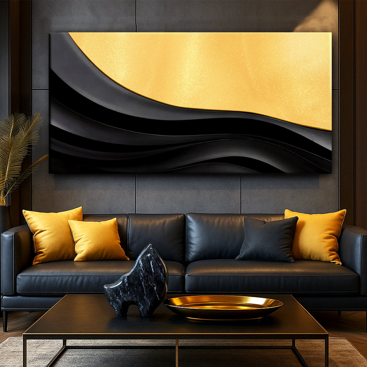 Black and gold minimalist abstract canvas artwork by Tailored Canvases featuring modern geometric design and artistic expression.