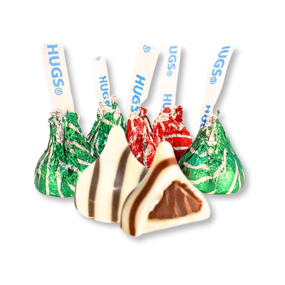 Hershey's Hugs chocolate kisses with milk chocolate and white creme in a bulk Candy In Bulk bag.