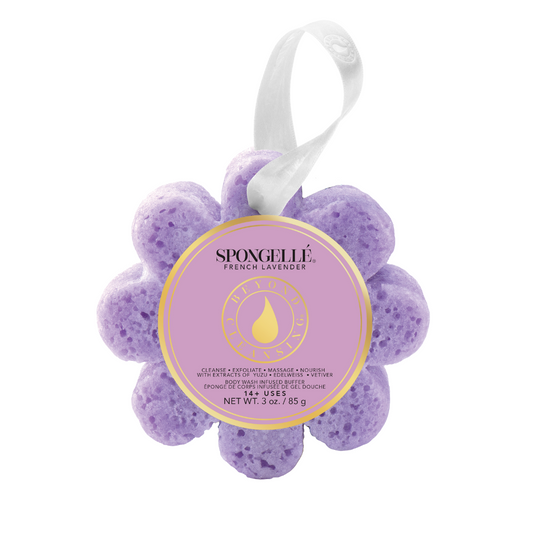 Spongellé French Lavender Wild Flower Bath Sponge with purple and lavender floral design, soft and textured for luxurious bathing.