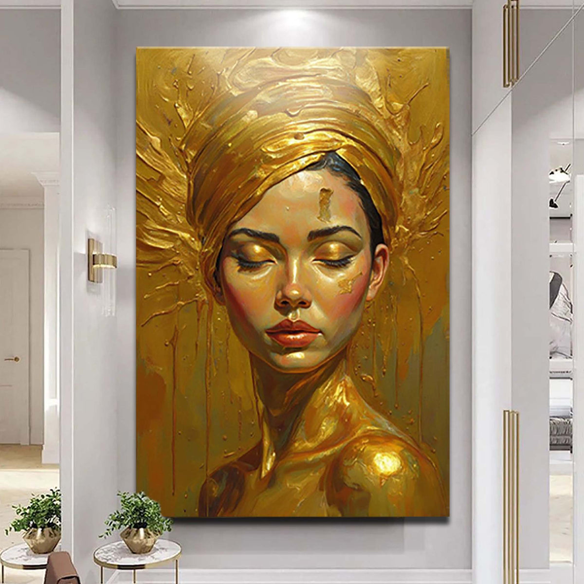 Golden Serenity woman’s canvas wall art by Tailored Canvases, featuring elegant abstract design in warm gold tones.