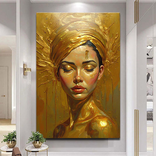 Golden Serenity woman’s canvas wall art by Tailored Canvases, featuring elegant abstract design in warm gold tones.