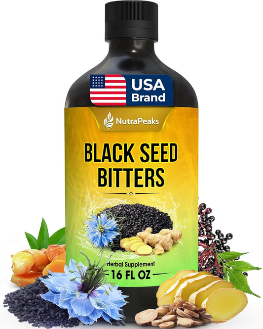 Liquid black seed oil bitters in a 16 fl oz bottle, featuring herbal blend with turmeric, ashwagandha, elderberry, probiotics, vitamin C, and zinc