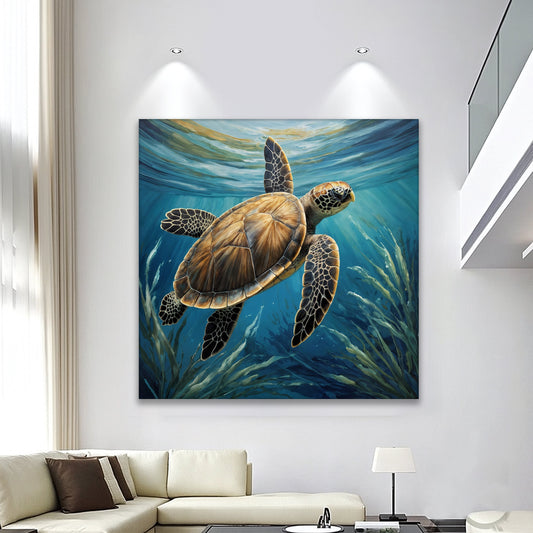 Canvas wall art of a turtle in seagrass, coastal-themed design by Tailored Canvases, showcasing a detailed seaside scene.