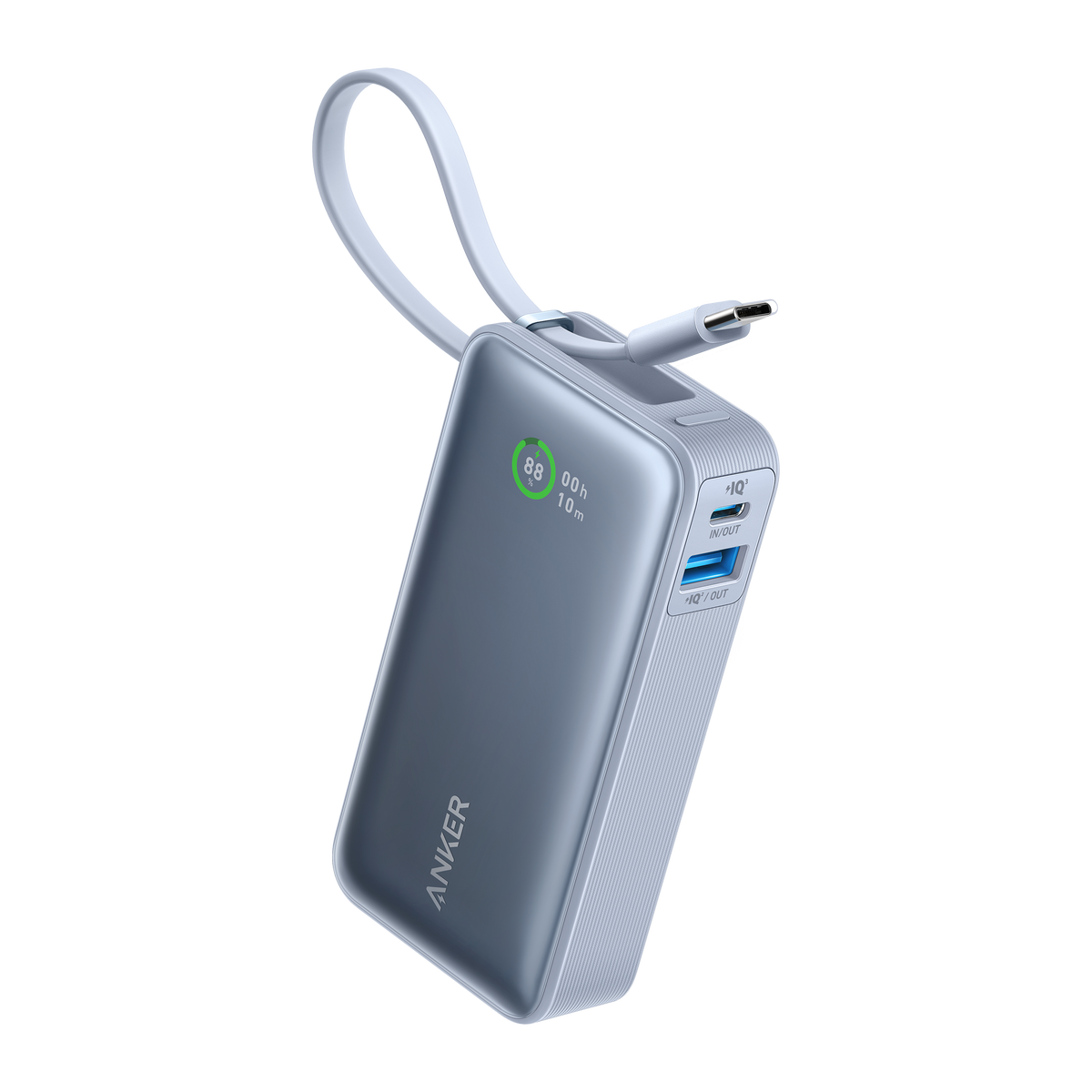 Anker Nano 30W power bank with built-in USB-C cable, portable charging device for smartphones and gadgets.