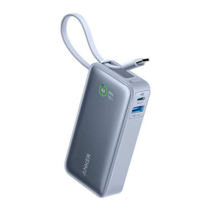 Anker Nano 30W power bank with built-in USB-C cable, portable charging device for smartphones and gadgets.
