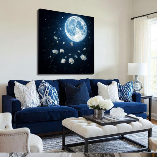 Lunar Canvas Wall Art by Tailored Canvases, featuring a detailed moon design on a textured canvas for bedroom or living room decor.