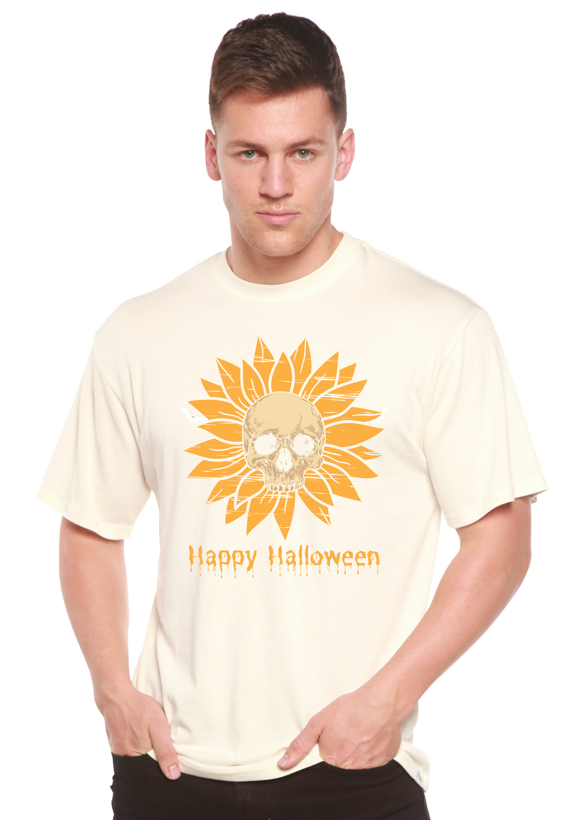 Men's Happy Halloween graphic T-shirt by Spun Bamboo, short sleeve shirt made from bamboo viscose and organic cotton with Halloween print.