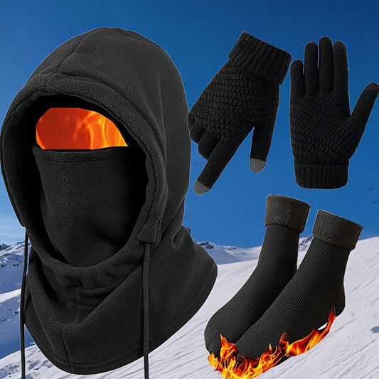 Winter warm hat, gloves, and socks set in coordinated cold-weather knit design