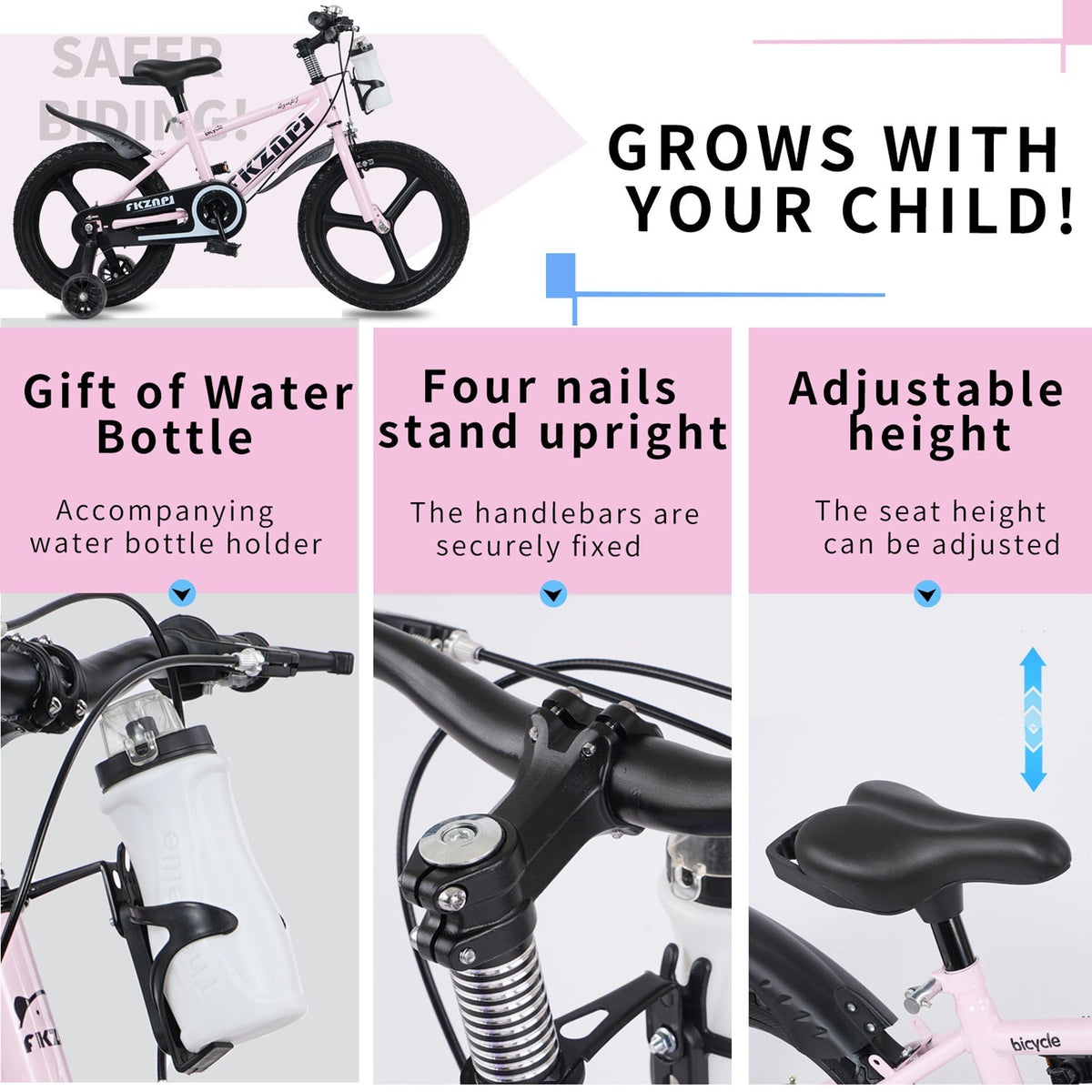 Kids bike with training wheels and adjustable seat, 16-18 inches, from GBruno Store, featuring colorful frame and safety handlebars.