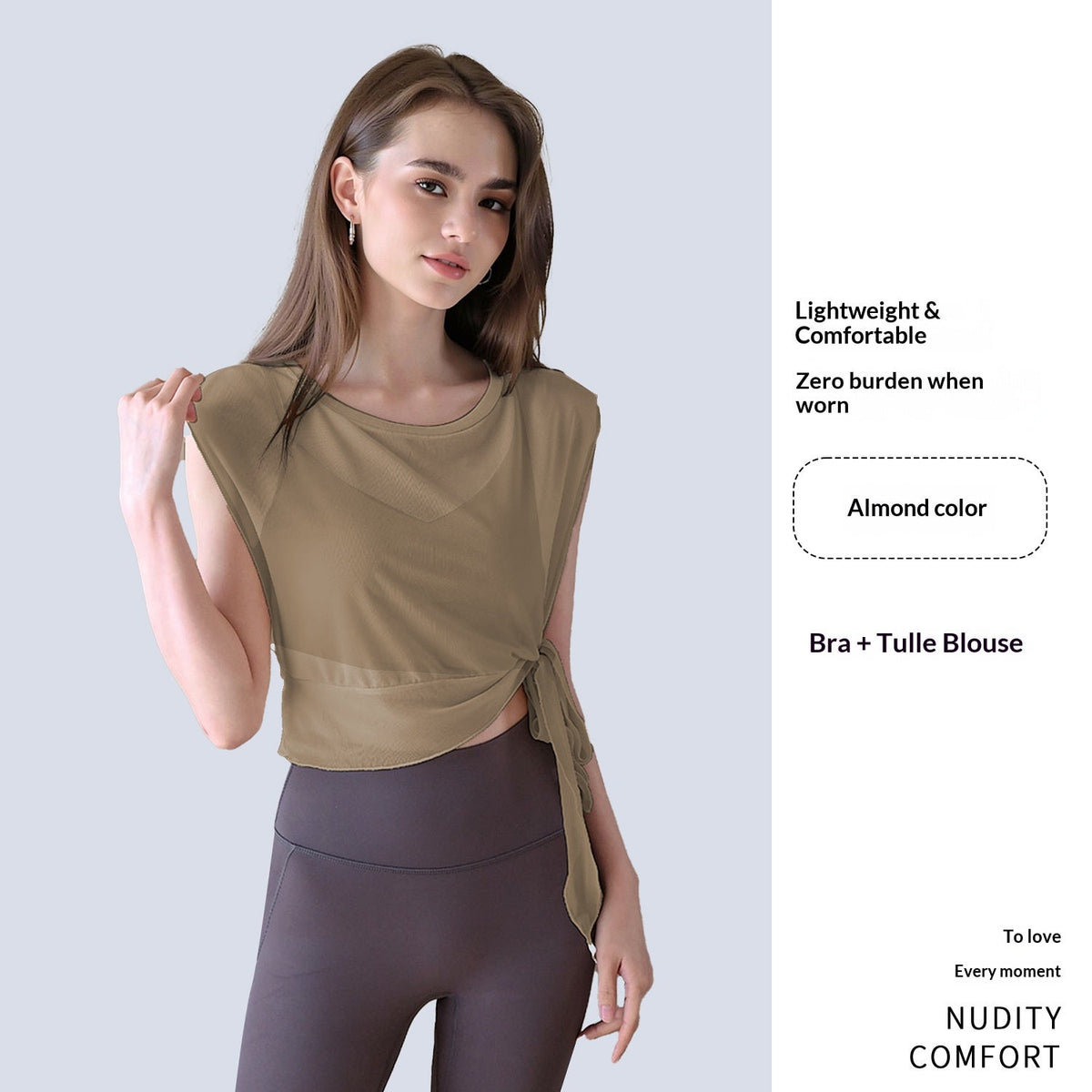 Women's 2-piece yoga outfit with short sleeve fitness top, built-in bra pads, and elegant mesh detailing