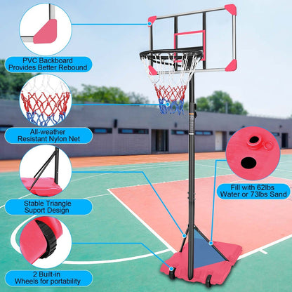 Kids basketball hoop by GBruno Store with adjustable height from 5.6 to 7 feet and wheels for easy mobility.