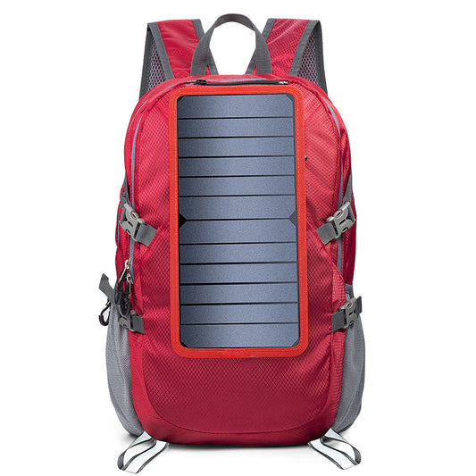 Foldable solar hiking daypack with 5V power supply, shown in black with compact backpack design