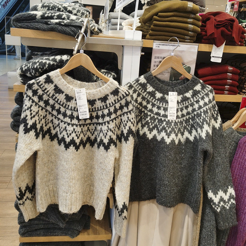 Women's autumn winter thick-knit printed round-neck sweater with long sleeves
