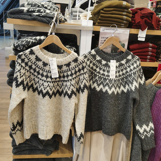 Women's autumn winter thick-knit printed round-neck sweater with long sleeves