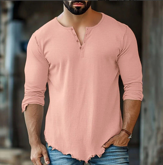 Men's casual solid-color four-button long-sleeve T-shirt by My Store