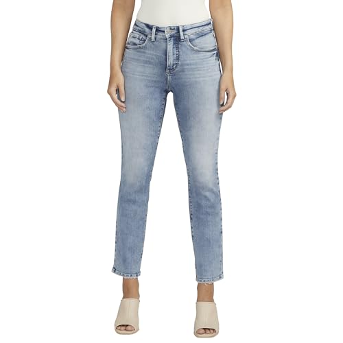 Indigo sky high rise straight jeans by BACKUPMYFILESNOW® displayed on a hanger with a clean background.