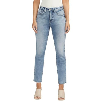 Indigo sky high rise straight jeans by BACKUPMYFILESNOW® displayed on a hanger with a clean background.