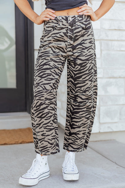 Hunter Printed Wide Leg Jeans by Threaded Pear featuring a stylish wide leg design with a printed pattern on denim fabric.