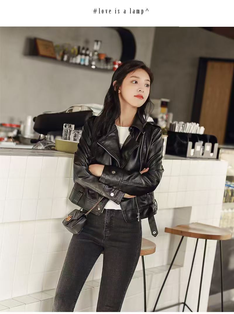Short slim-fit PU leather jacket in black, front view