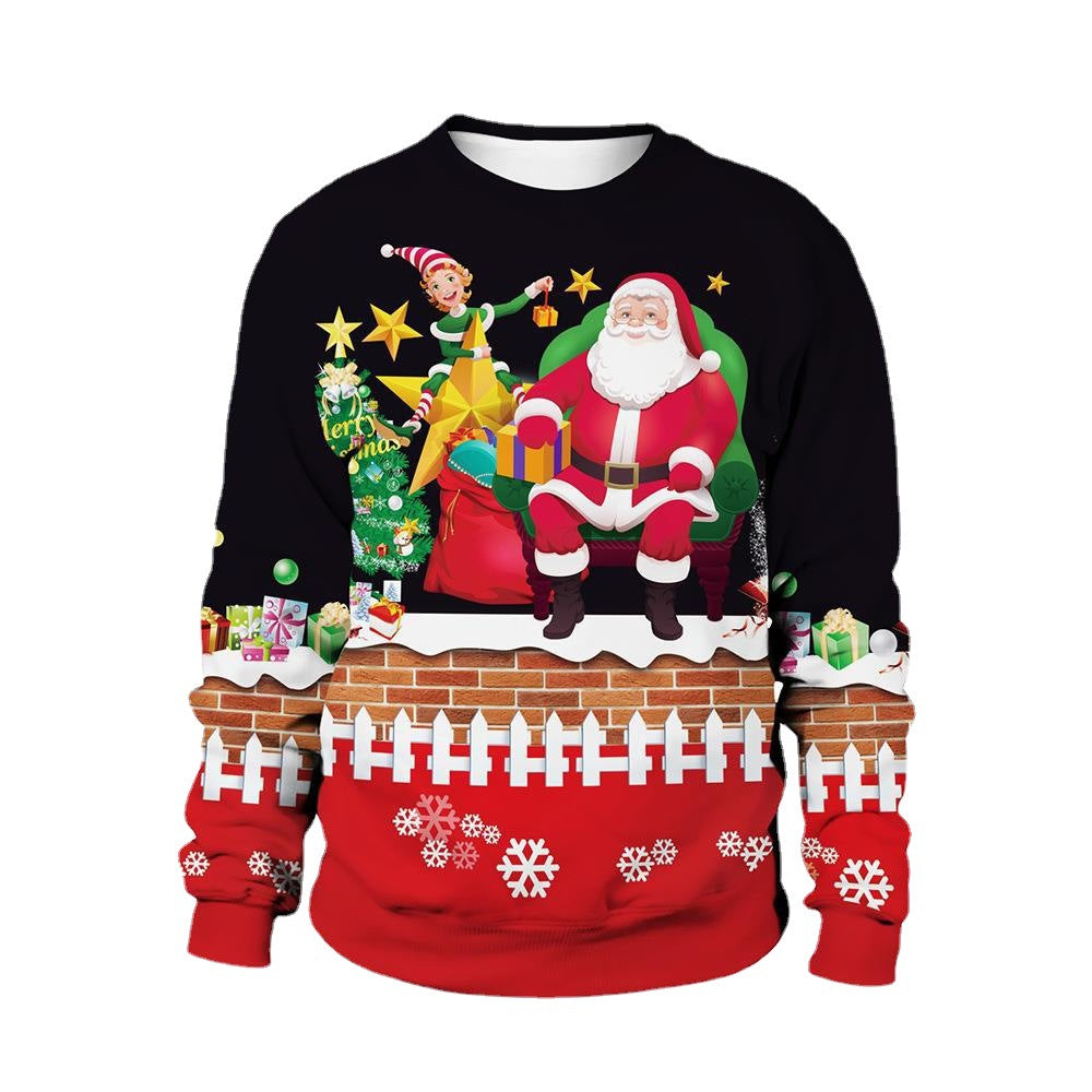 Christmas printed round neck sweater for men and women, festive holiday clothing design