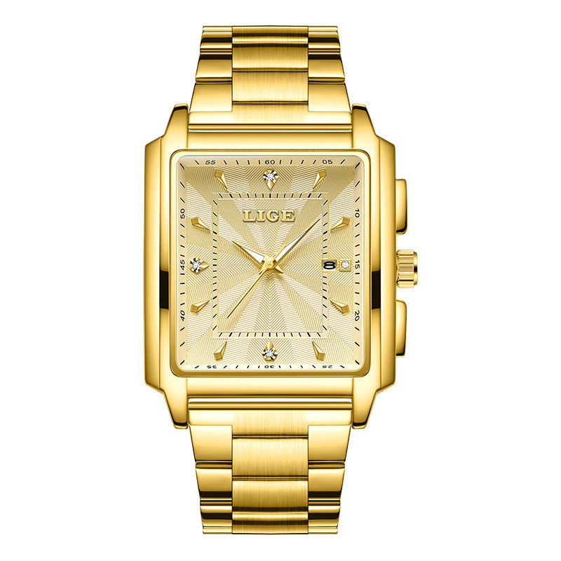 Men's square large-dial steel belt simple watch with a minimalist face and metal strap