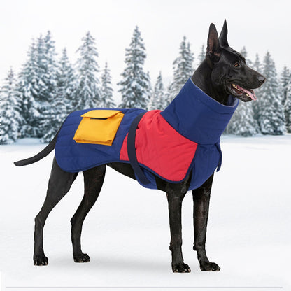 Dog wearing a thickened warm padded winter coat for cold weather; My Store pet dog clothes