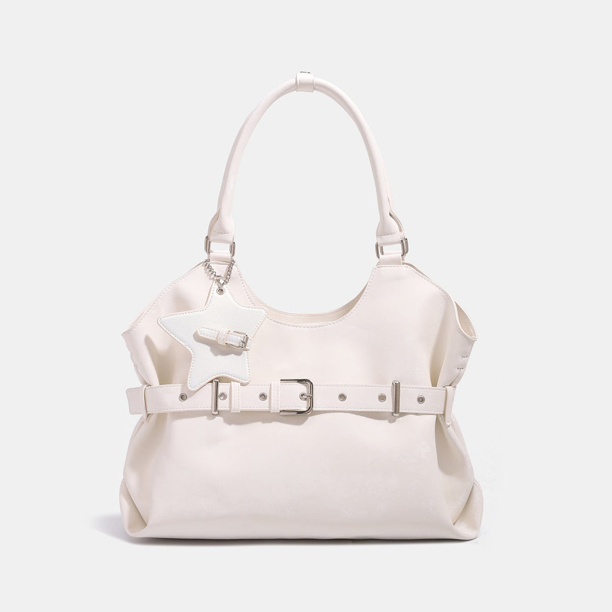 Large belt-designed single-shoulder tote bag for women with spacious interior and structured silhouette