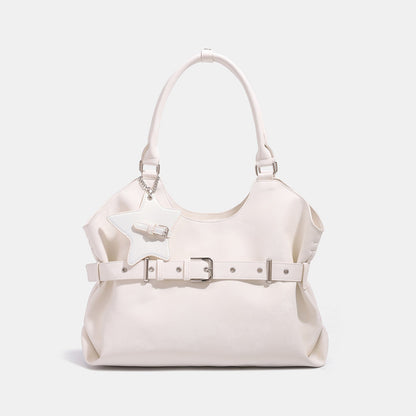 Large belt-designed single-shoulder tote bag for women with spacious interior and structured silhouette