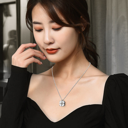 Magnetic convertible four leaf clover necklace with four connected heart zircon pendant and adjustable sweater chain