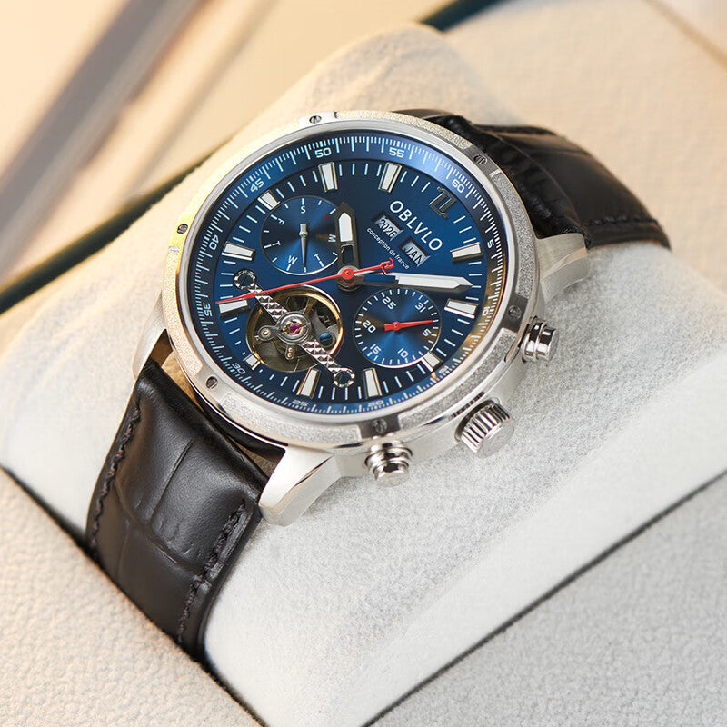 Men's multi-functional hollowed fashion watch with openwork dial and visible mechanical details