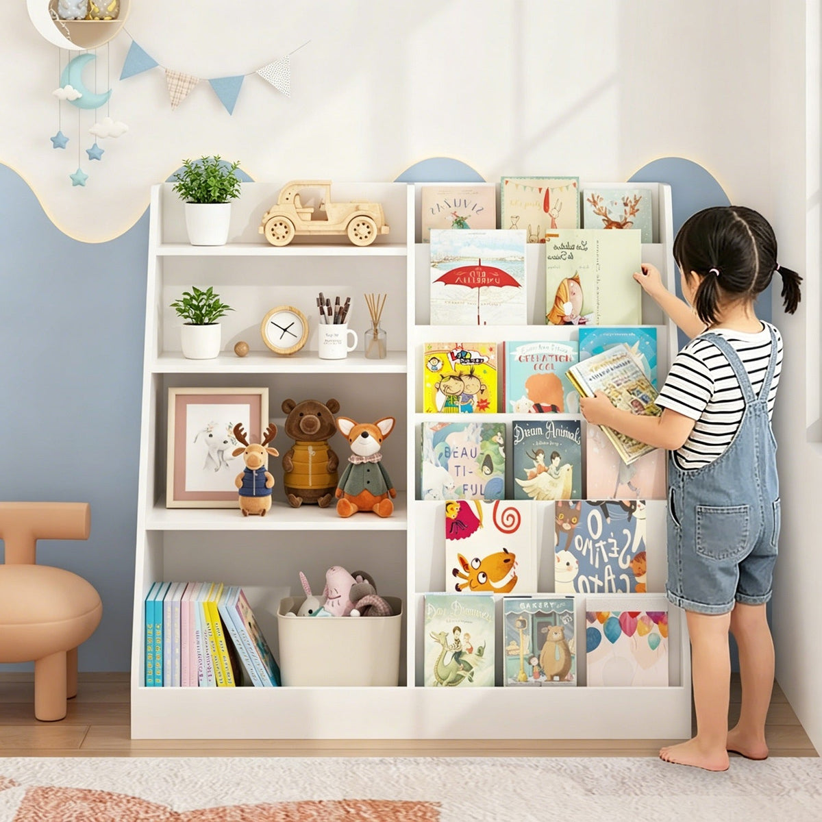 Wooden kids bookshelf with toy storage organizer, 34.65 inches tall, featuring multiple shelves for children's books and toys.
