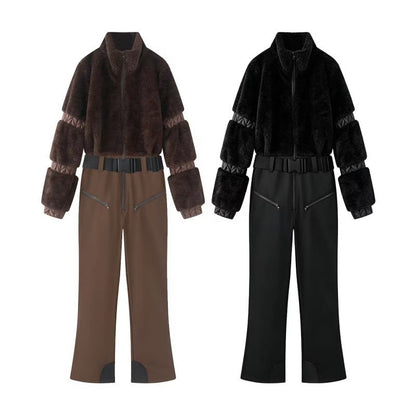 Down-filled fur patchwork zip-up thickened fluffy ski jumpsuit, front view