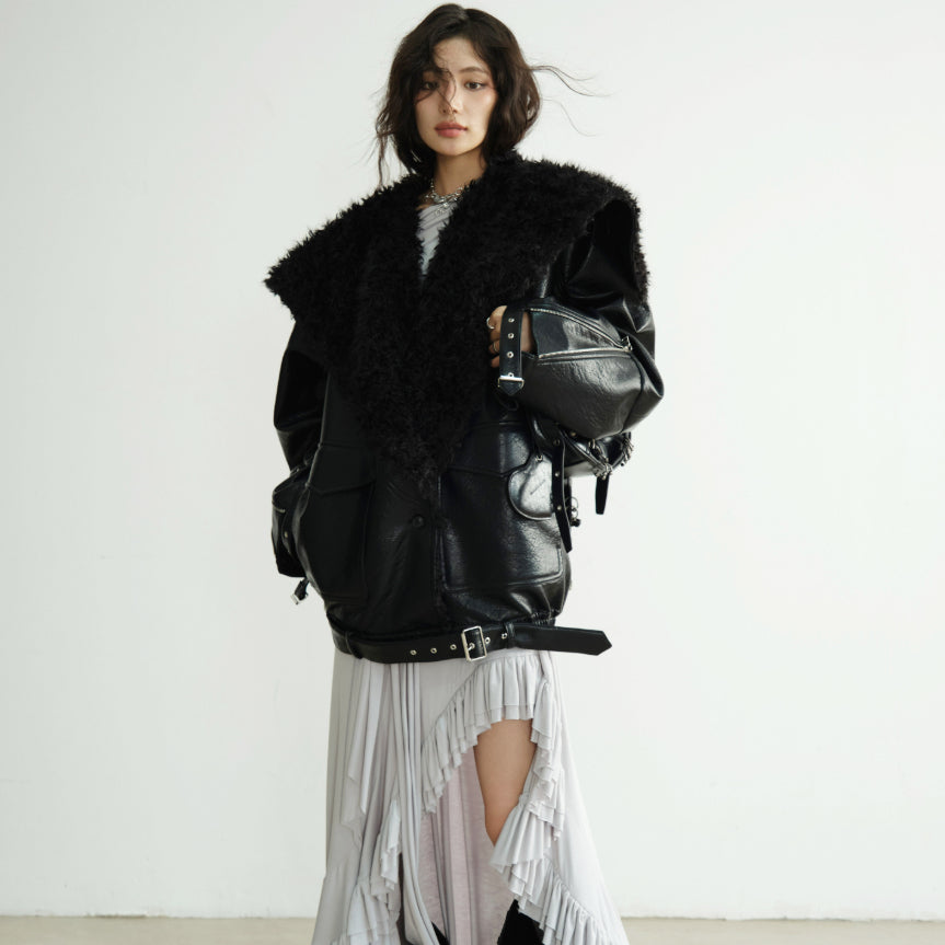 Mid-length heavyweight PU leather silhouette jacket in a sleek black design