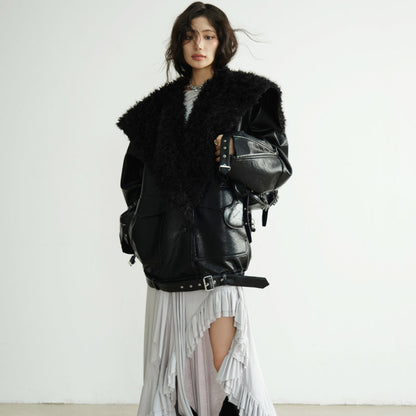 Mid-length heavyweight PU leather silhouette jacket in a sleek black design