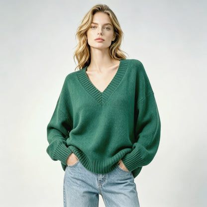 Women's loose-fit V-neck casual knit sweater in a relaxed silhouette, front view