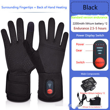 Outdoor mountaineering rechargeable heated gloves in black, insulated design with adjustable wrist straps